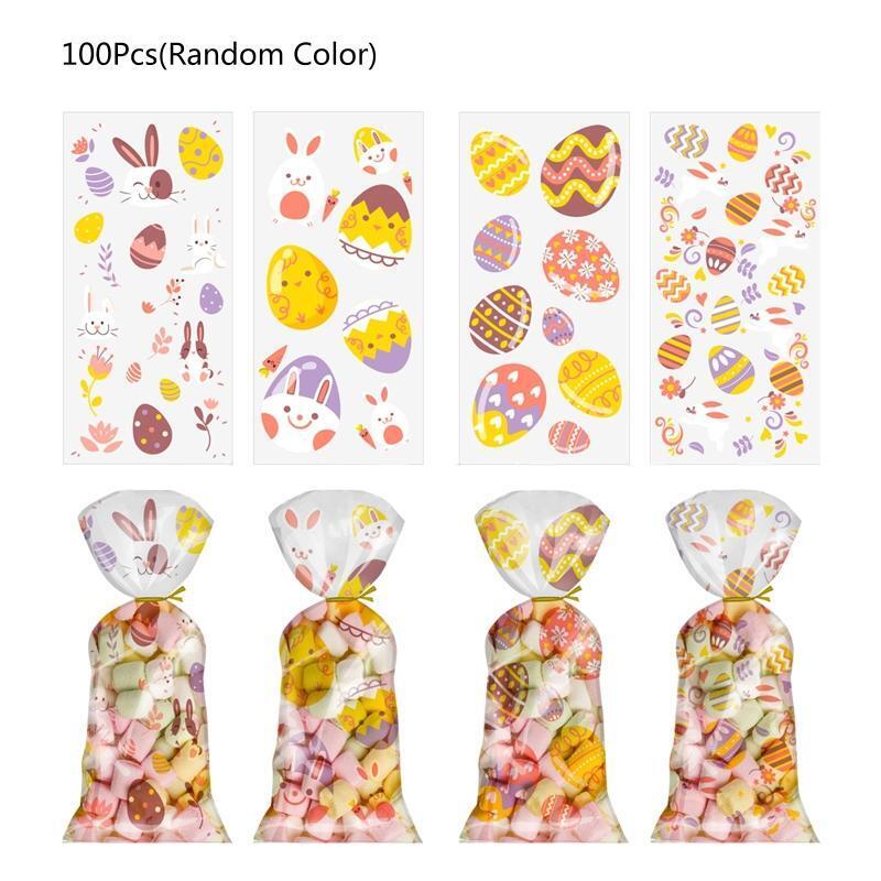 100 pcs Treat Bags with Twist Ties Holiday Goody Easter Theme Bunny Egg Pattern