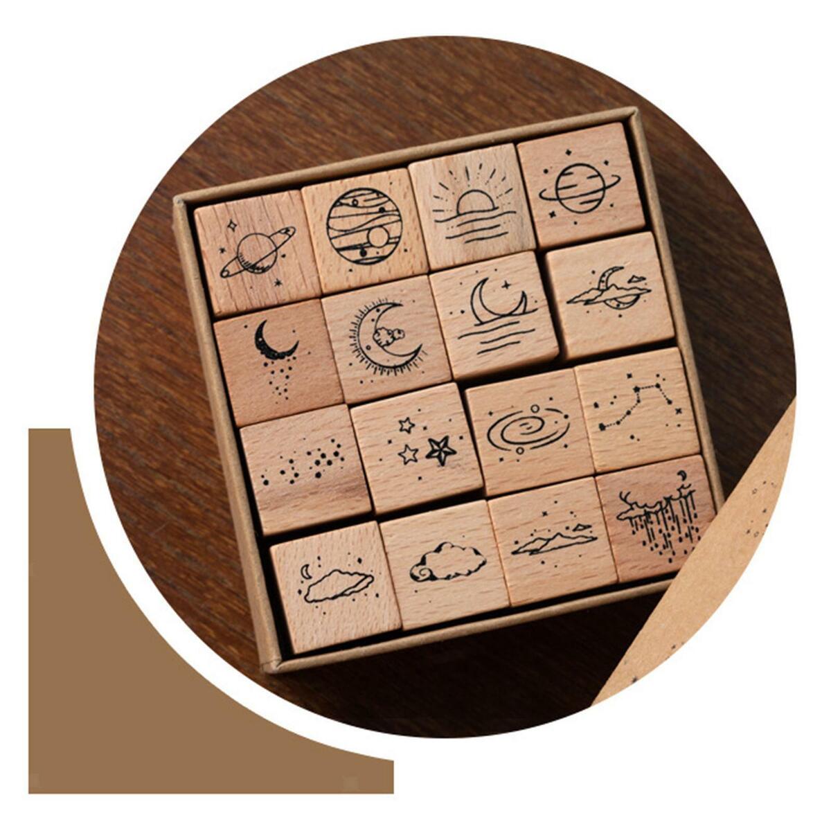 16Pcs Wooden Rubber Stamp Set DIY  Art Crafts Decorative Planner