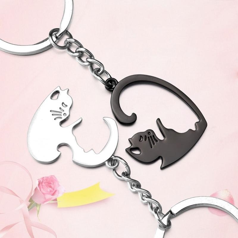 Couple Keychain Cute Black White Matching Puzzle Cat Animal Pendant Keyring Gift