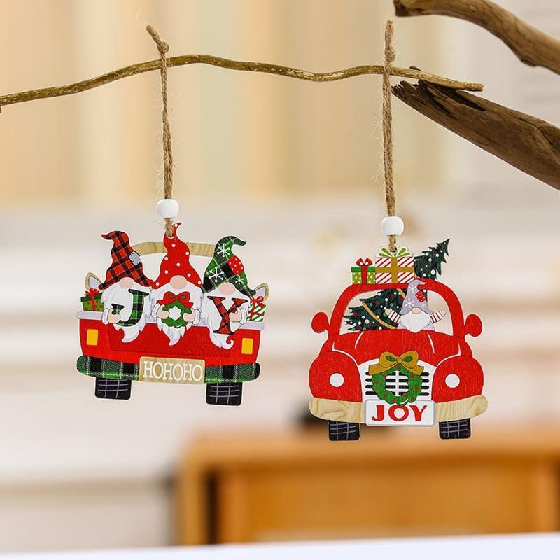 Christmas Wooden Car Pendants Set of 6 Wood Ornament Window Wall Door Decoration