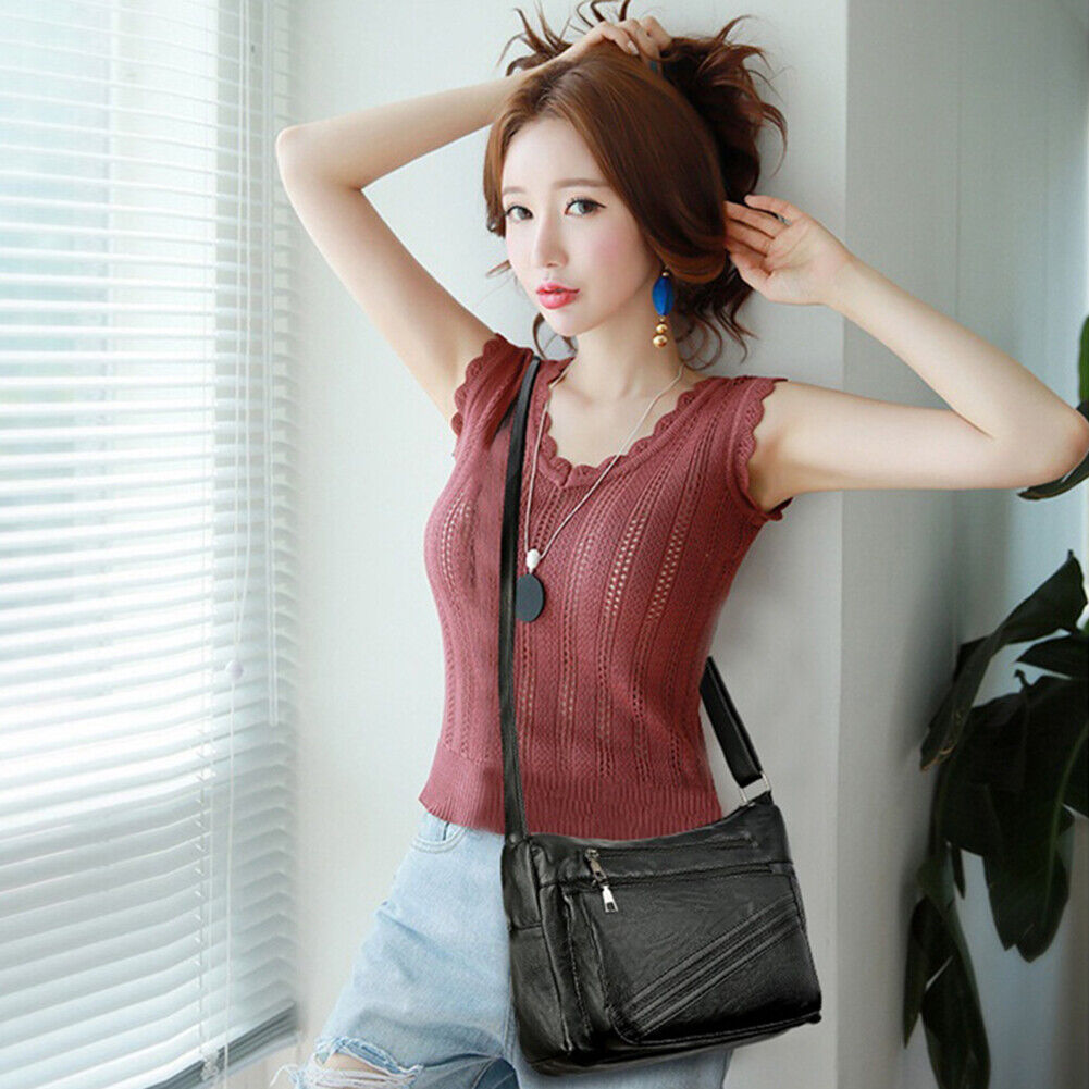 Women Shoulder Bag Soft Leather Solid Mother Pocket Zipper Crossbody Bags