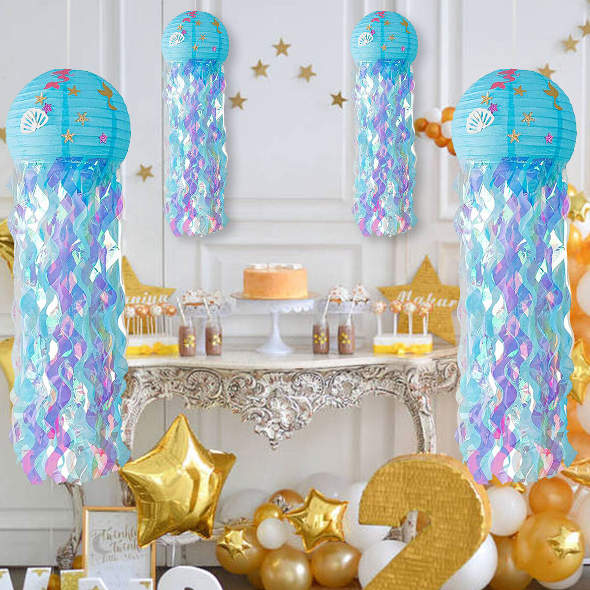 Mermaid Wishes Jellyfish Hanging Paper Lanterns Birthday Decorations (Blue)
