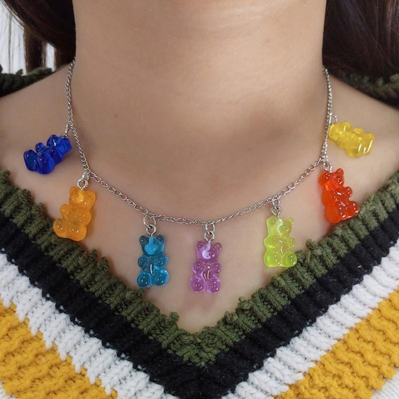 Colorful Transparent Bear Pendant Necklace Animal Choker Necklace for Women Girl