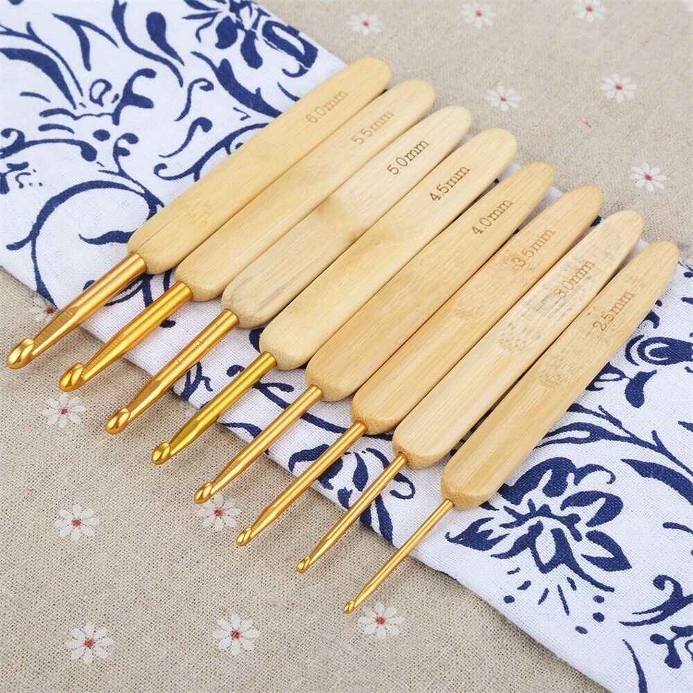 8pcs Bamboo Handle Crochet Hooks Practical Bag Knitting Yarn DIY Sewing Needles
