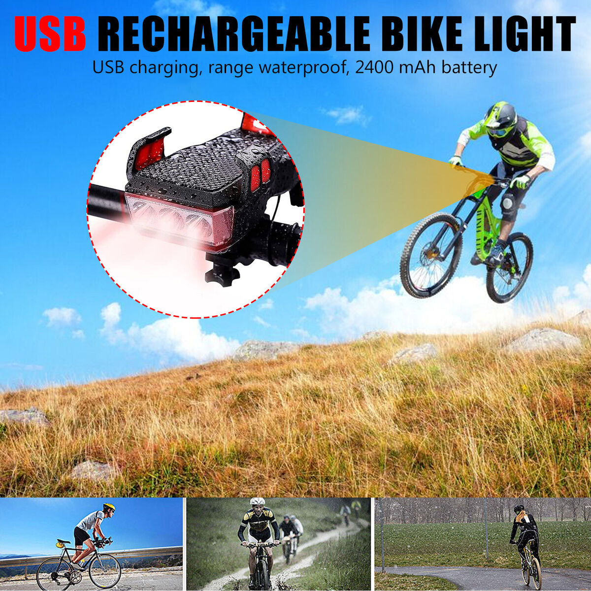 Bicycle LED Light Set with Phone Rack & Horn Alert & Power Bank Waterproof