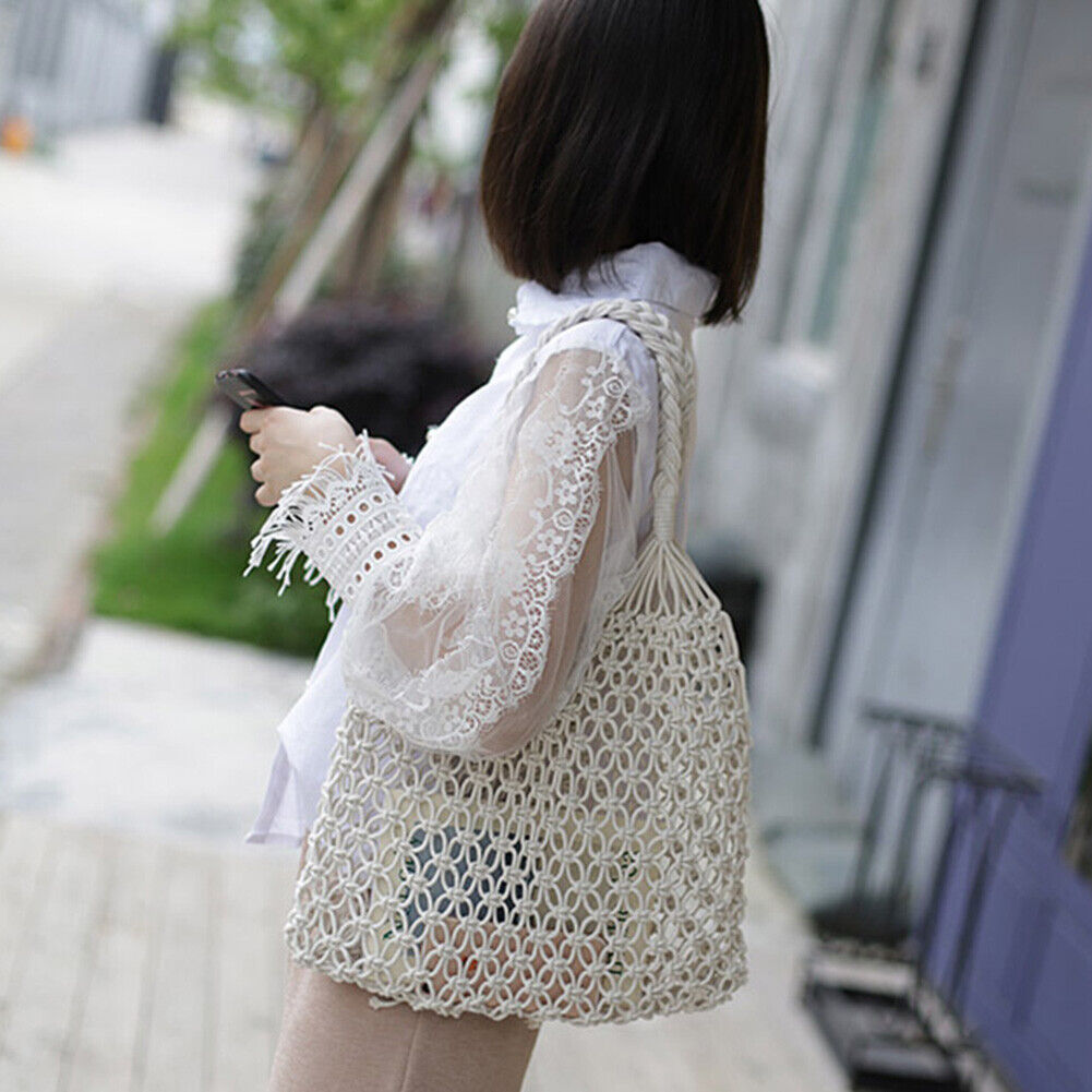 Womens Straw Hollow Beach Shoulder Bags Vacation Shopper Handbag (White)