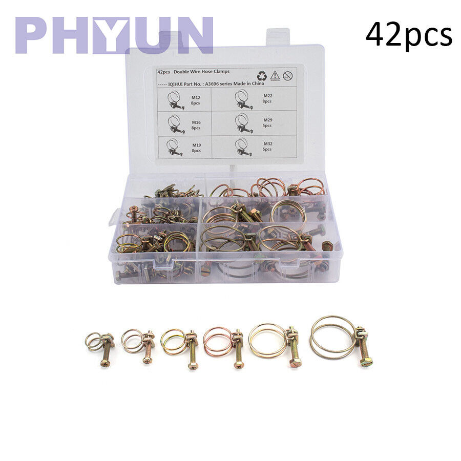 42pc Universal Adjustable Type Screw Bolt Tight Double Wire Hose Clamp Pipe Clip