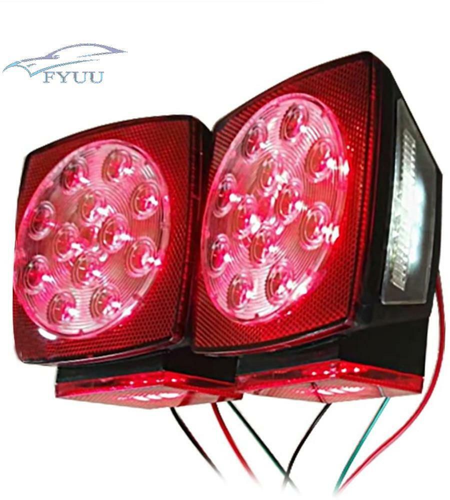 Pair Square LED Submersible Tail Brake Light License Illuminator for Trailer SUV