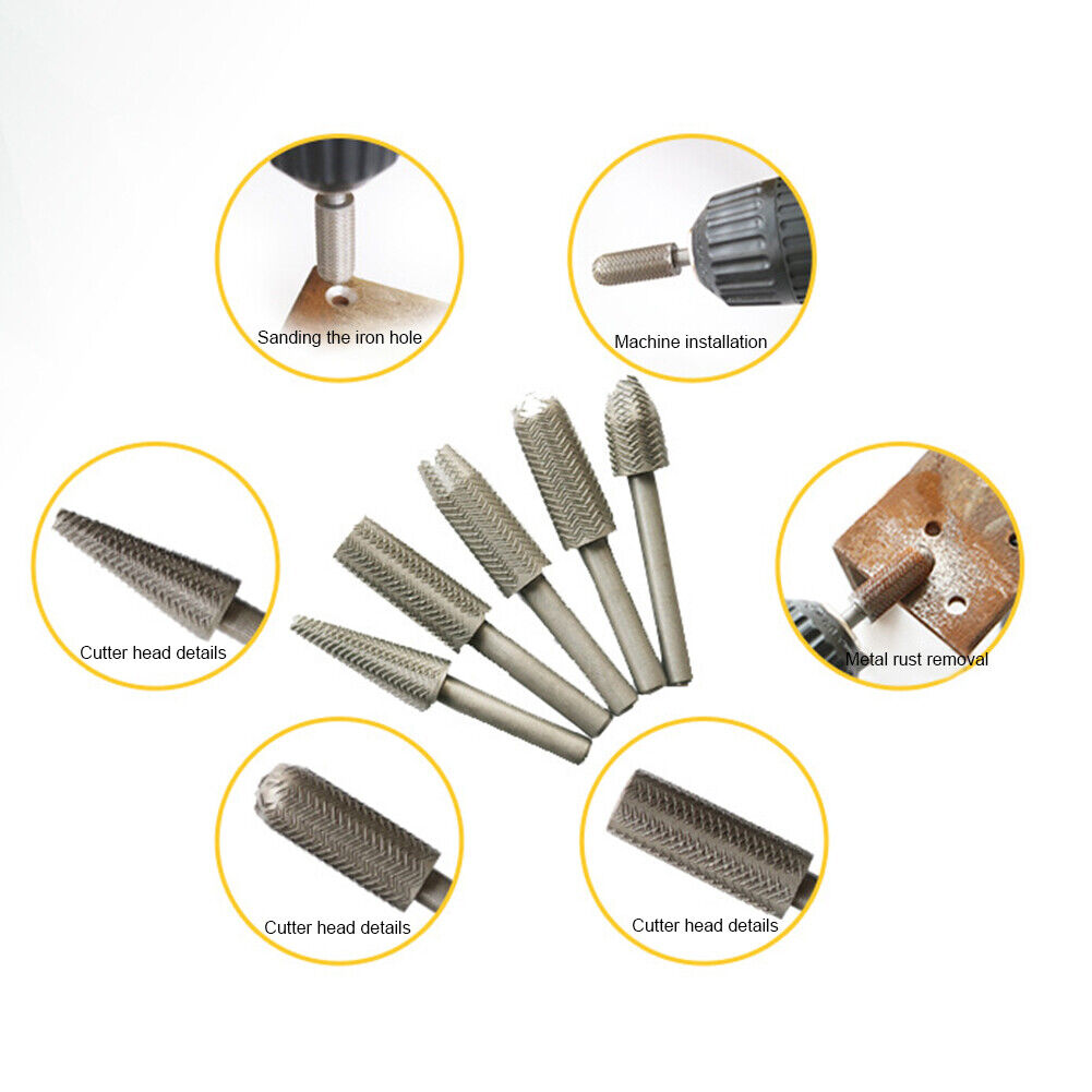 5pcs Woodworking Rotary Steel File Rasp Wood Drill Bits Kit Burrs 6mm Shank