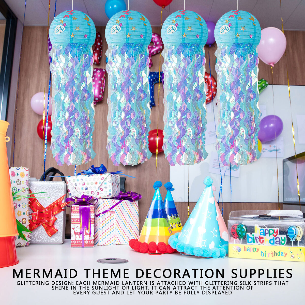 Mermaid Wishes Jellyfish Hanging Paper Lanterns Birthday Decorations (Blue)