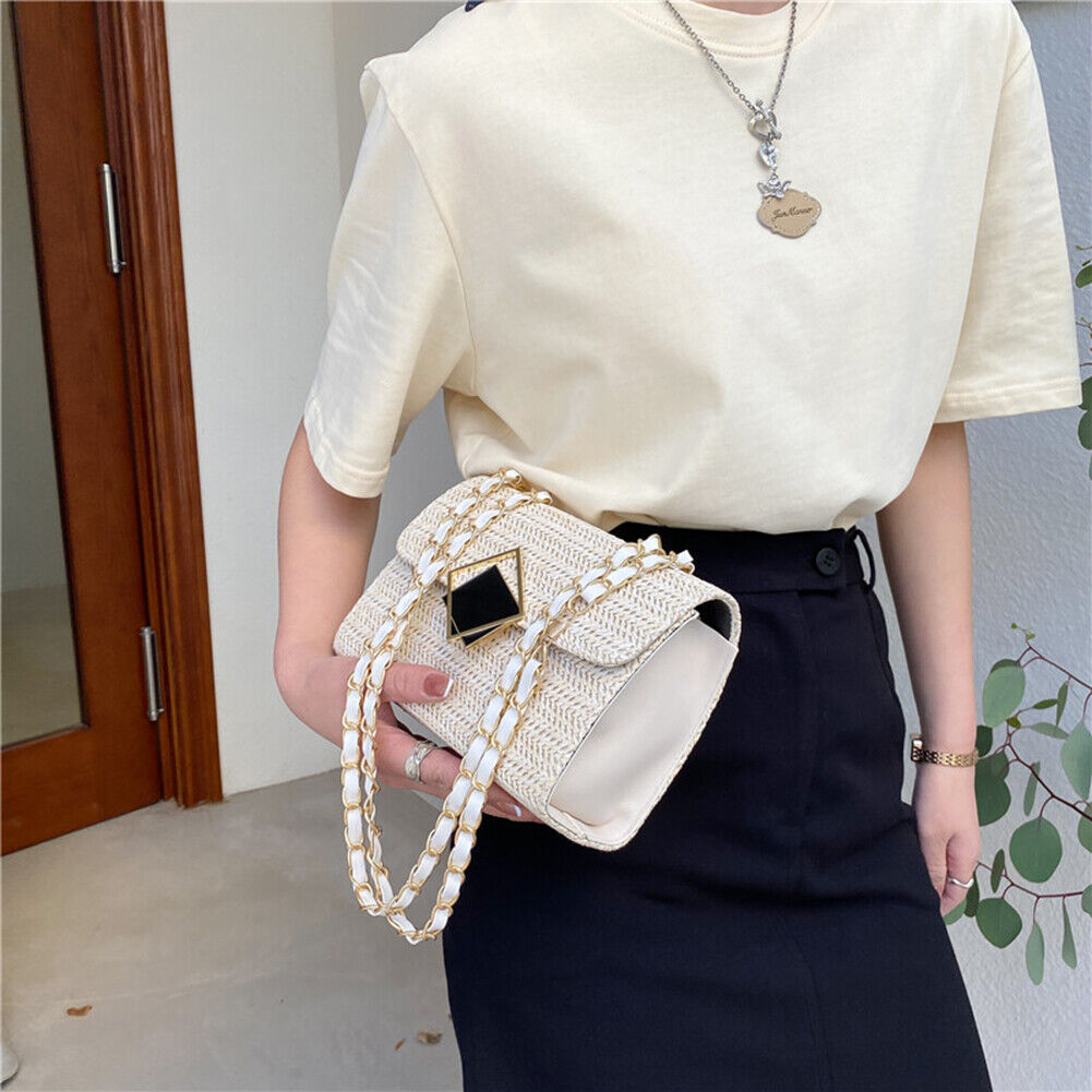 Fashion Women Woven Shoulder Underarm Bag Vacation Crossbody Bags (Beige)