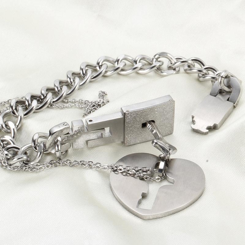 Couple Jewelry Bracelet Love Heart Lock Bracelet Key Pendant Necklace Set