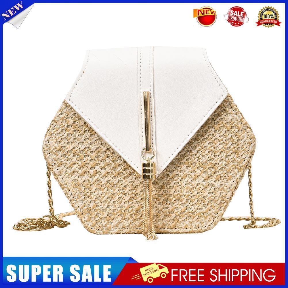 Hex-shape Straw+PU Shoulder Handbags Beach Women Top-handle Bags (White)