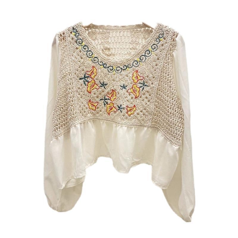Crochet Floral Peplum Top Women Chiffon Puff Sleeve French Knitted Blouse Shirt