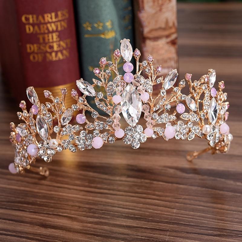 Bride Crown Luxury Wedding Tiara Bridal Women Pink Rhinestone Princess Headwear