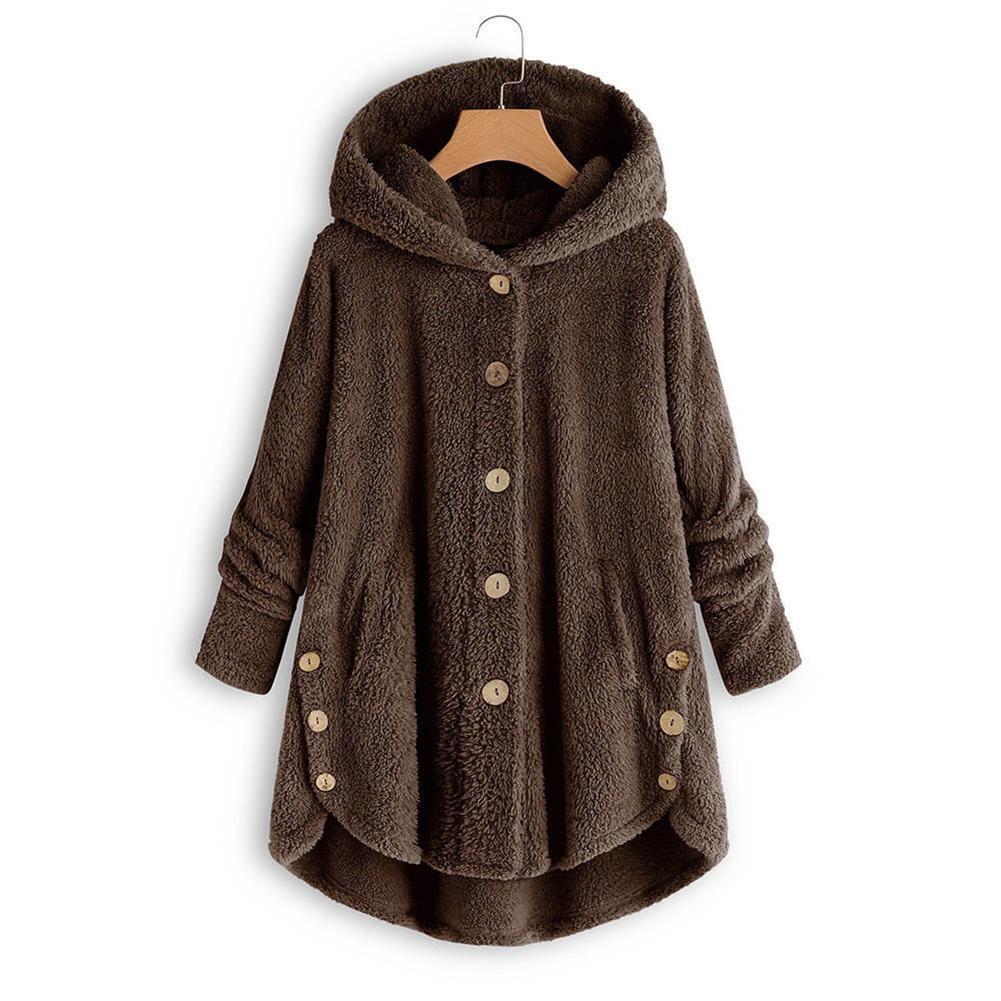 Pure Color Hoodies Overcoat Irregular Coat Women Loose Outwear (Coffee 2XL)