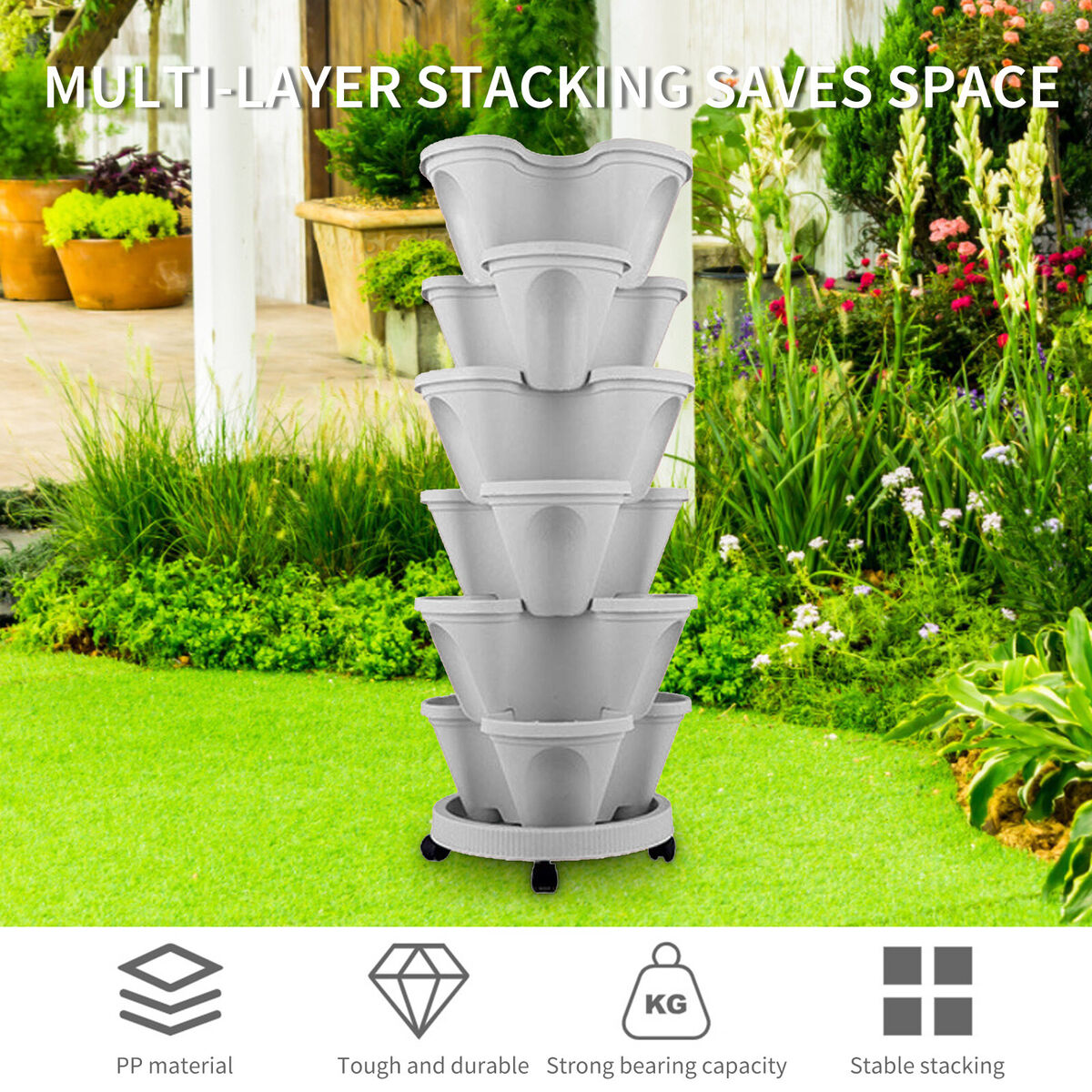 Stackable Planter Vertical Garden Tower for Strawberry (Moveable White)