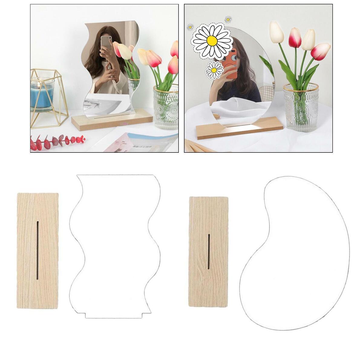 2x Frameless Irregular Acrylic Makeup Mirror Dresser Mirror Wooden Stand