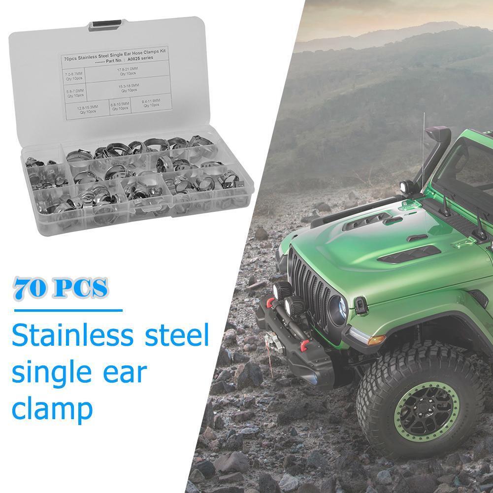 70pcs 7 Sizes Stainless Steel Single Ear Hose Clamps Fuel Air Pipe O Clips