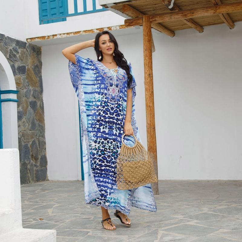 Women Leopard Striped Print Beach Maxi Dress Cover Up Lace-Up V-Neck Kaftan Robe