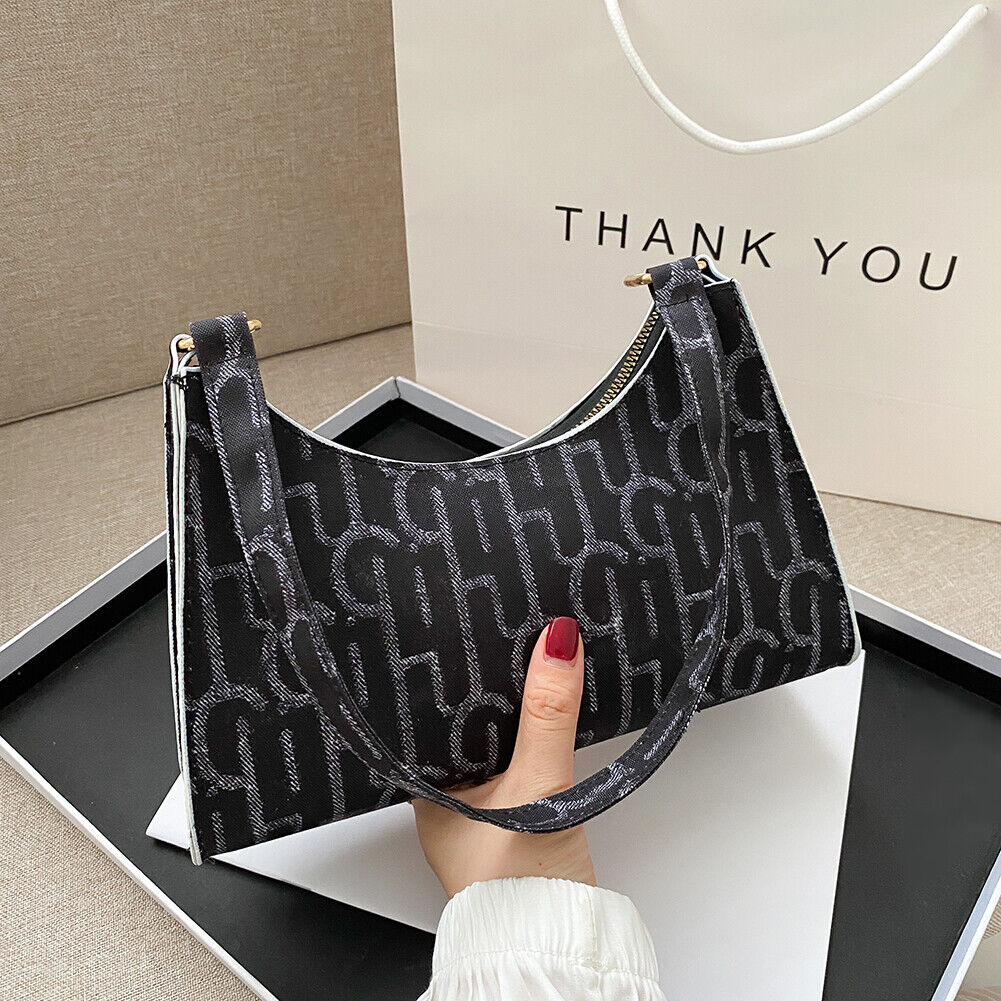 Casual Printed Women Handbag Totes PU Zipper Underarm Shoulder Bags (Black)