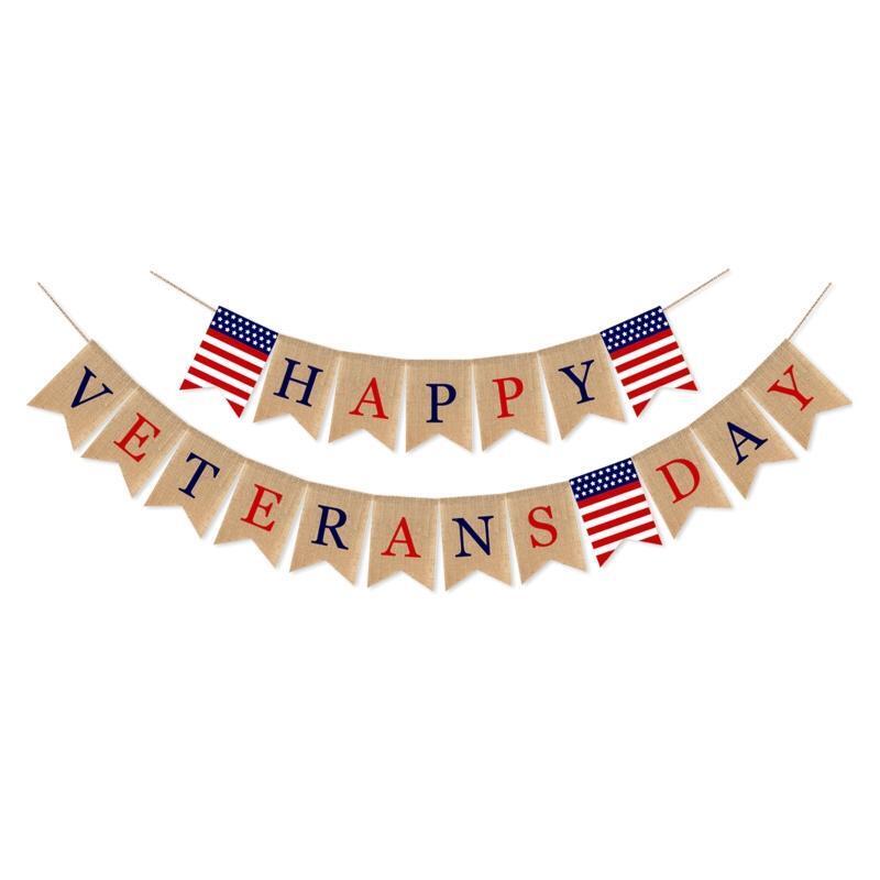 Happy Veterans Day Burlap Banners Holiday Party Decor Flag Fireplace Ornament