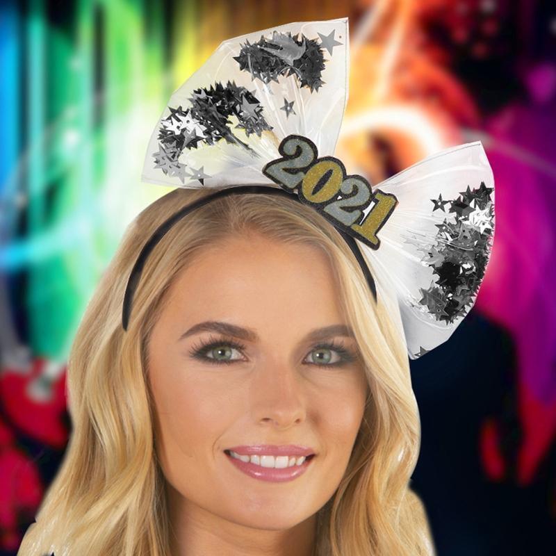 Glitter 2021 Number Headband Big Bowknot Star Sequins New Year Party Hair Hoop