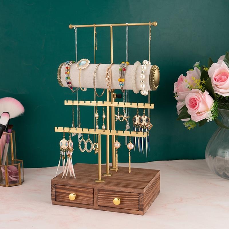 Jewelry Organizer Wooden Jewelry Drawer Storage Box 4 Tier Jewelry Tree Stand