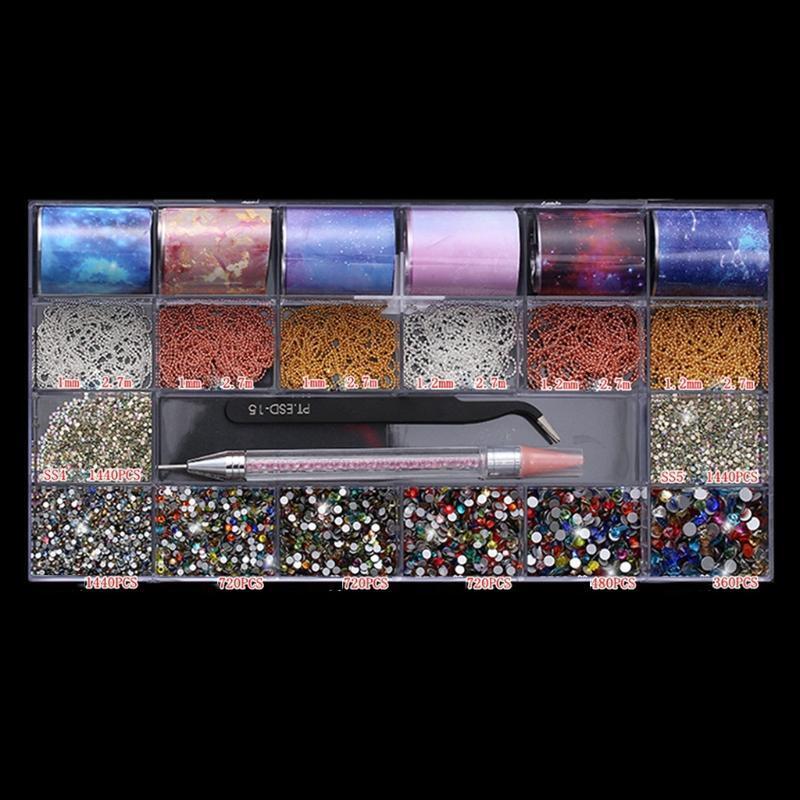 21 Grids Nails Design Kit Decor Multi Shapes with Dual-ended Dotting Pen Tweezer