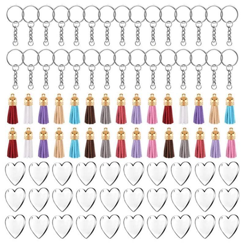 90Pcs Acrylic Discs Clear Heart Keychain Blanks Charms Colourful Tassel Key Ring