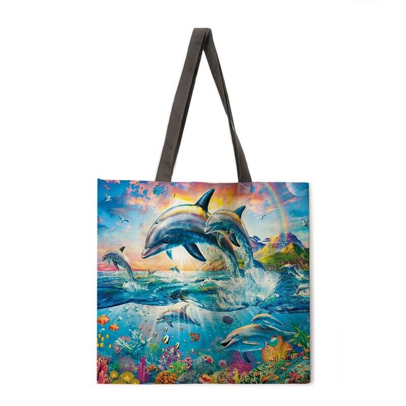 Dolphin Printed Shoulder Shopping Bag Casual Large Tote Handbag (40*40cm)