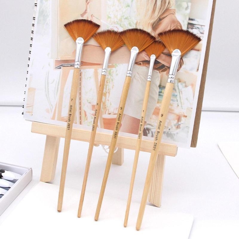 Artist Fan Paintbrushes Wood Rod Brush Painting Drawing Supplies for Child 5 Kit
