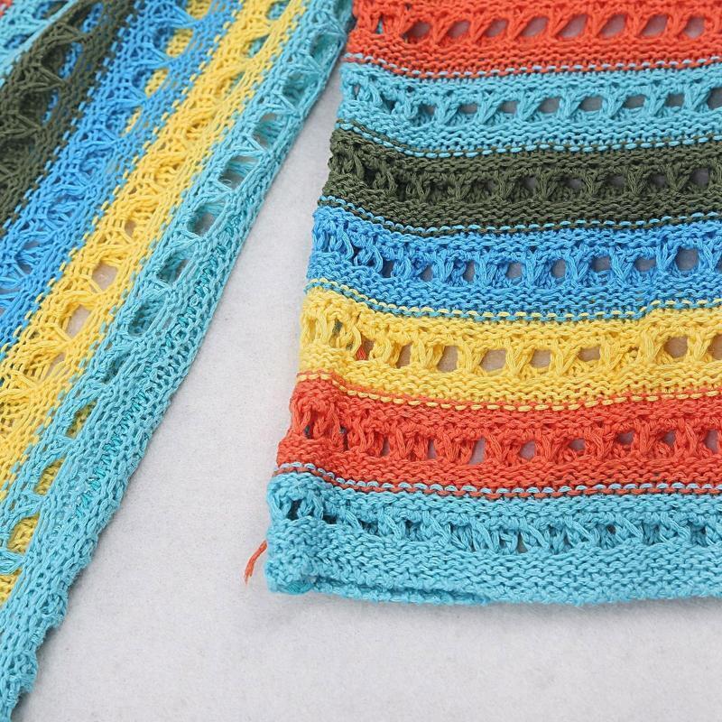 Women Beach Long Sleeve Bikini Cover Up Hollow Crochet Rainbow Stripe Mini Dress
