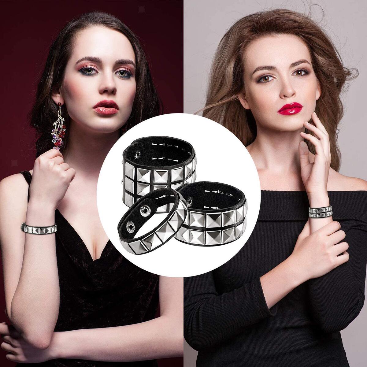 3Pcs PU Studded Punk Bracelets for   Buckle Cuffs Gothic Rivet Cuff