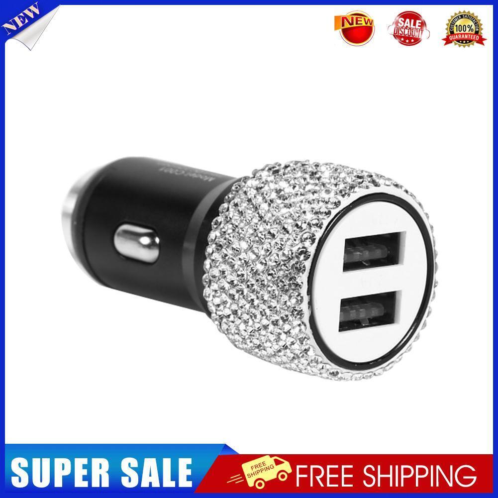 Dual USB Port Fast Charging Car Charger Safety Hammer Diamond Style (White)