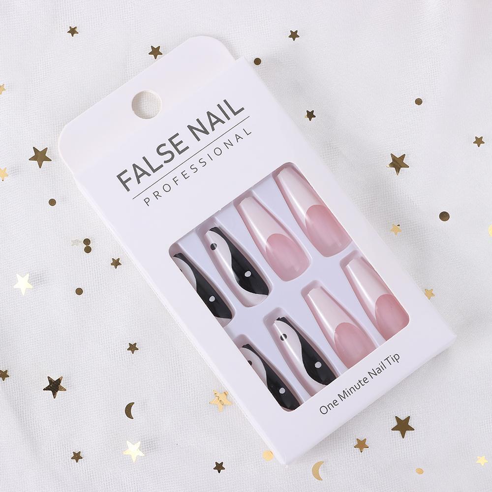 False Nail Tips White and Black Mixed Colors with Taichi Design Long Coffin