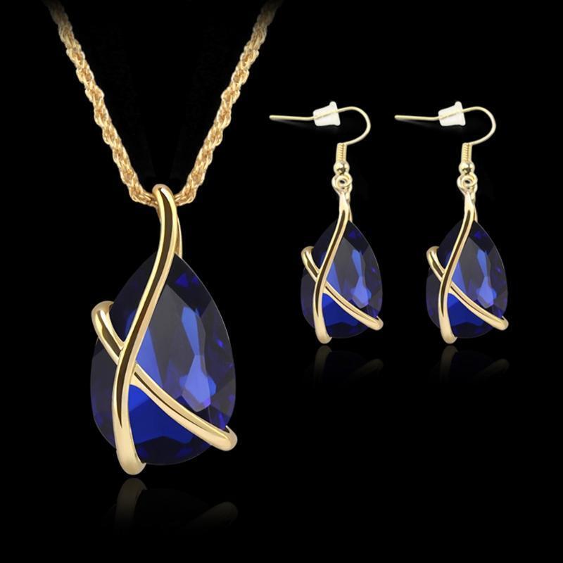 Chic Women Jewelry Set Party Prom Waterdrop Pendant Necklace With Hook Earrings