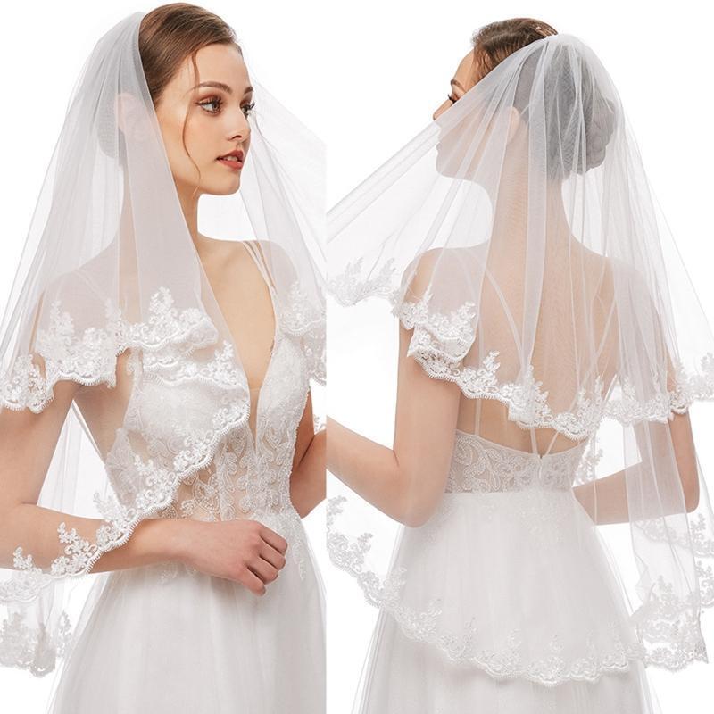 Wedding Veil Double Layers Lace Trims Elbow Length Short Tulle for Brides