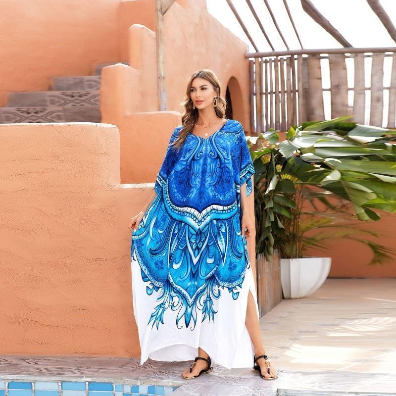 Women Beach Bikini Cover Up Robe V-Neck Kaftan Blue White Floral Maxi Long Dress