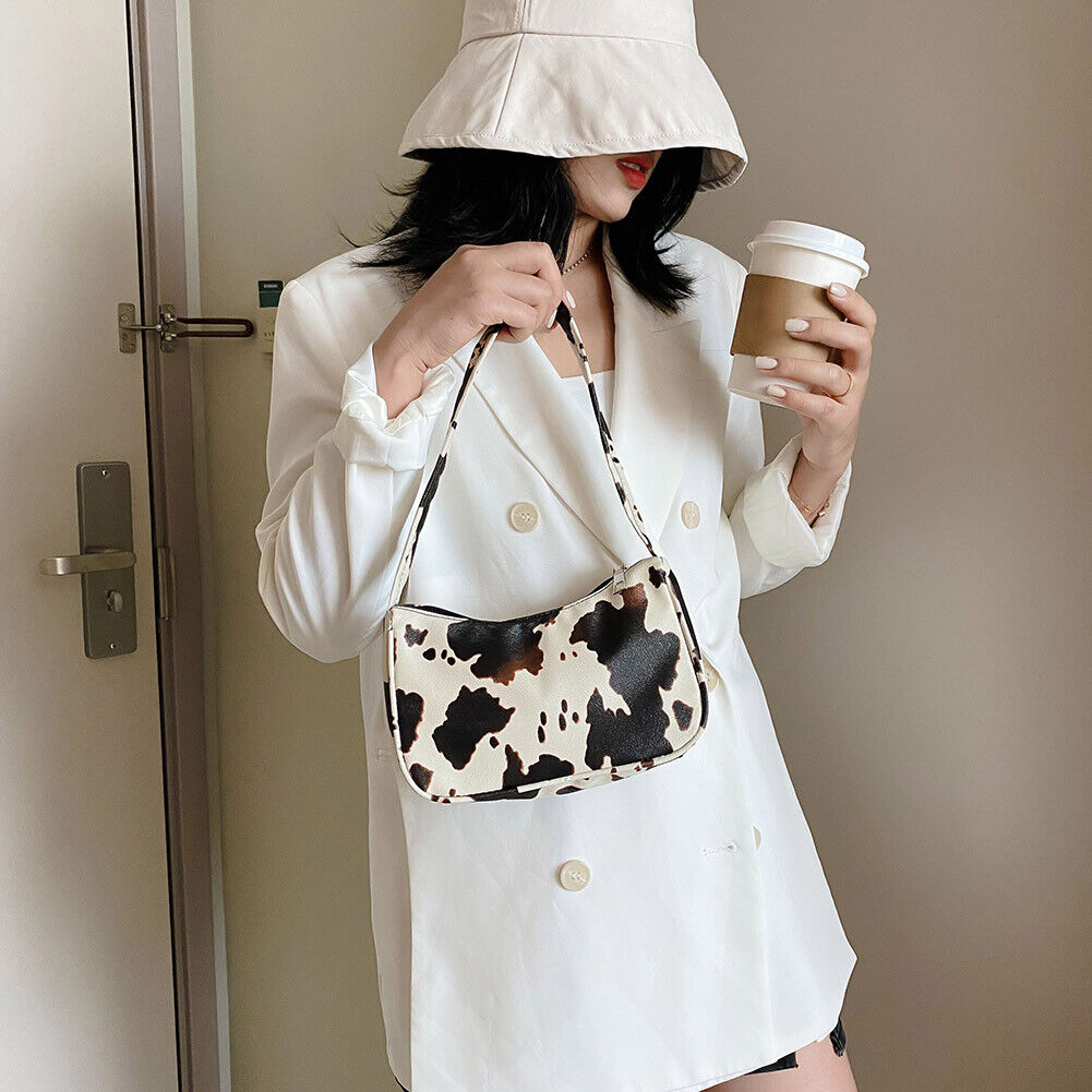 Cow Dot Printed Handbag Women PU Totes Small Underarm Shoulder Bag (Beige)