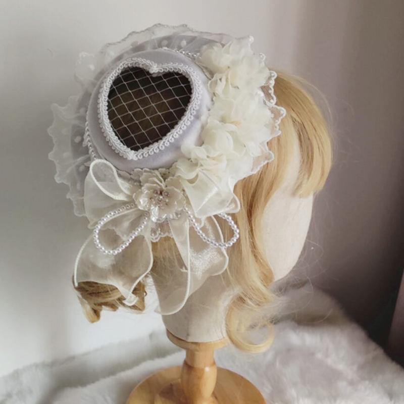 Ribbon Bows Top Hat for Women Lolita Floral Lace Headdress Tea Party Headwear