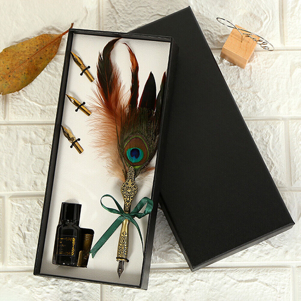 Feather Writing Quill Pen Ink Bottle Set Collection Calligraphy Stationery