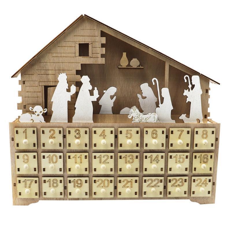 Christmas Advent Calendar Wooden Jesus Decoration LED Battery Operated Holiday