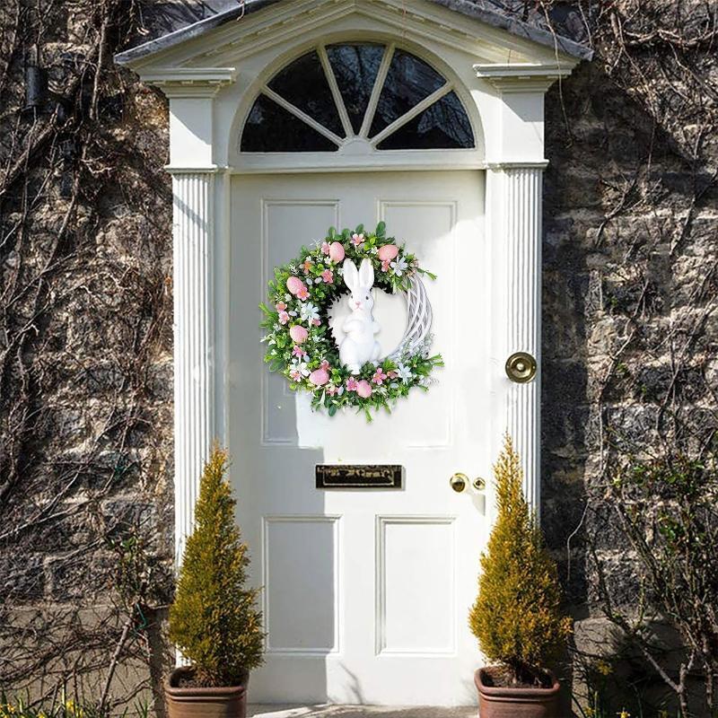 Easter Rabbit Bunny Wreath with Egg Flower Leaf Spring Garland Hanging Ornament