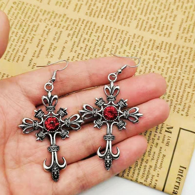 Gothic Punk Cross Earrings Hip Hop Rock Red Oil Drip Crystal Drop Earrings Gifts