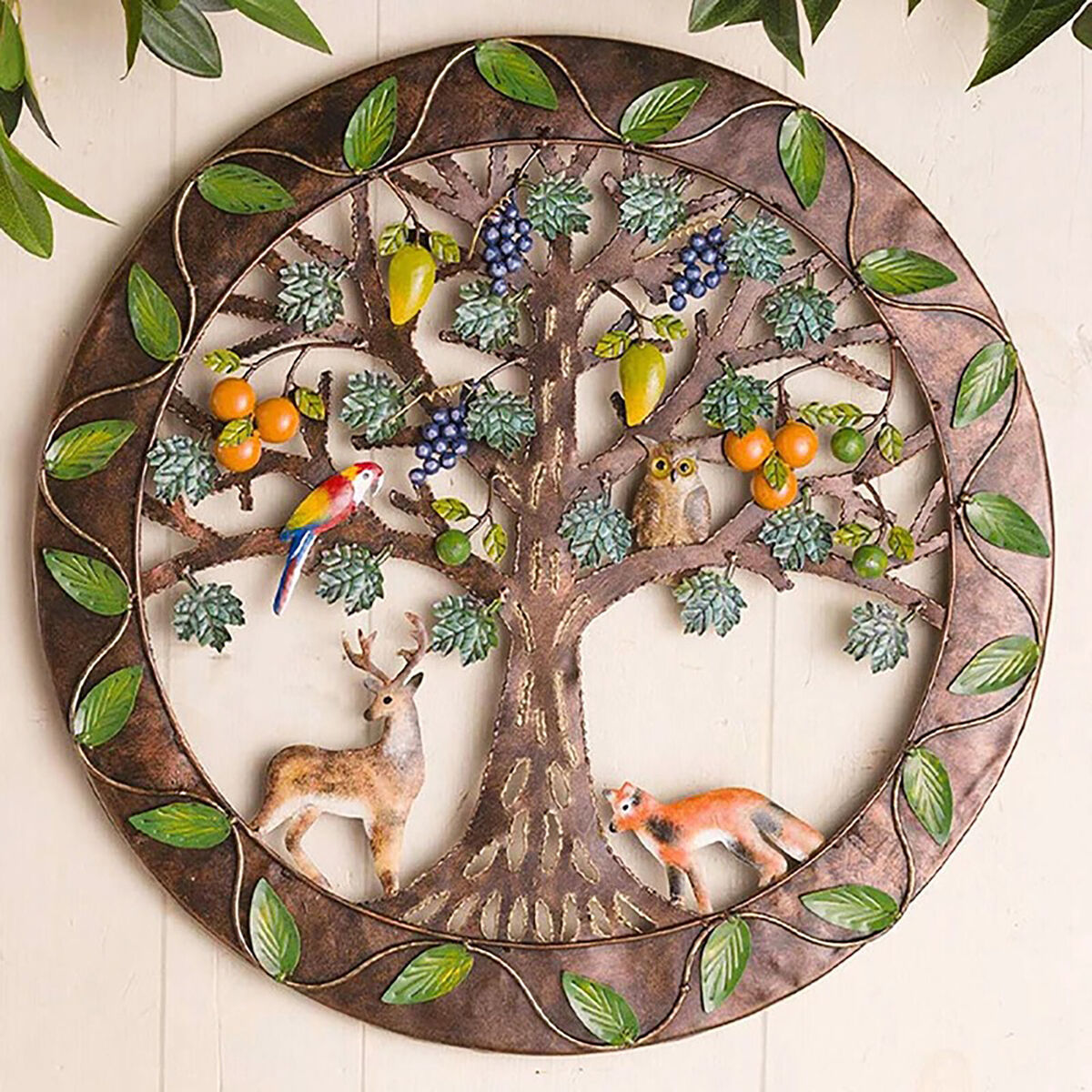 Iron Wall Sculptures-Metal Round Wall Decor with Tree Deer Fox Home Decor