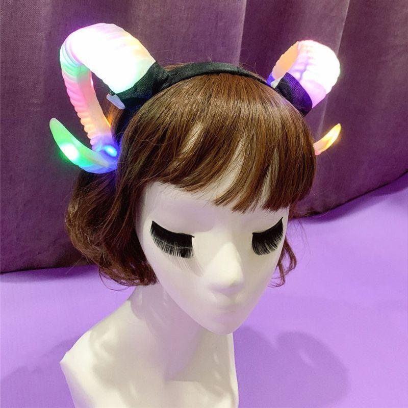 Gothic Womens Antelope Sheep Horn Headband LED Glowing Party Hair Hoop Light Up