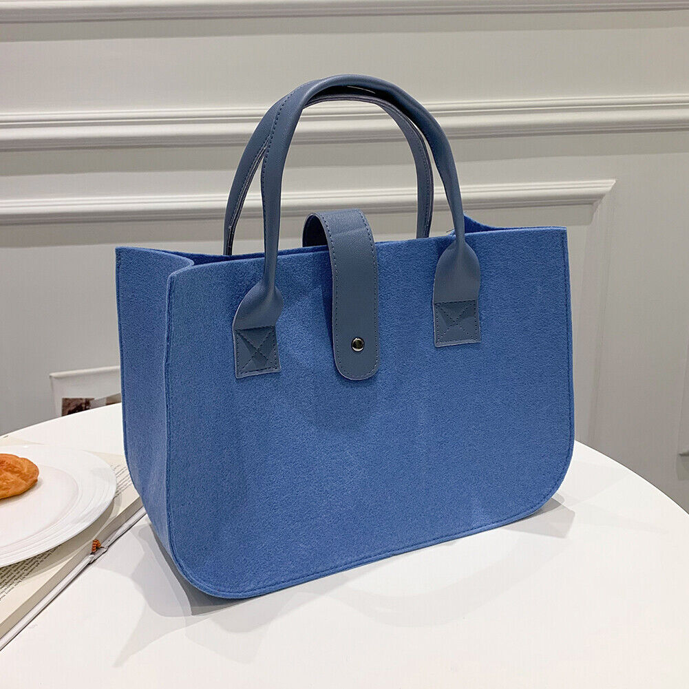 Women Felt PU Leather Quilted Tote Bag Solid Color Top-handle Bag (Blue)