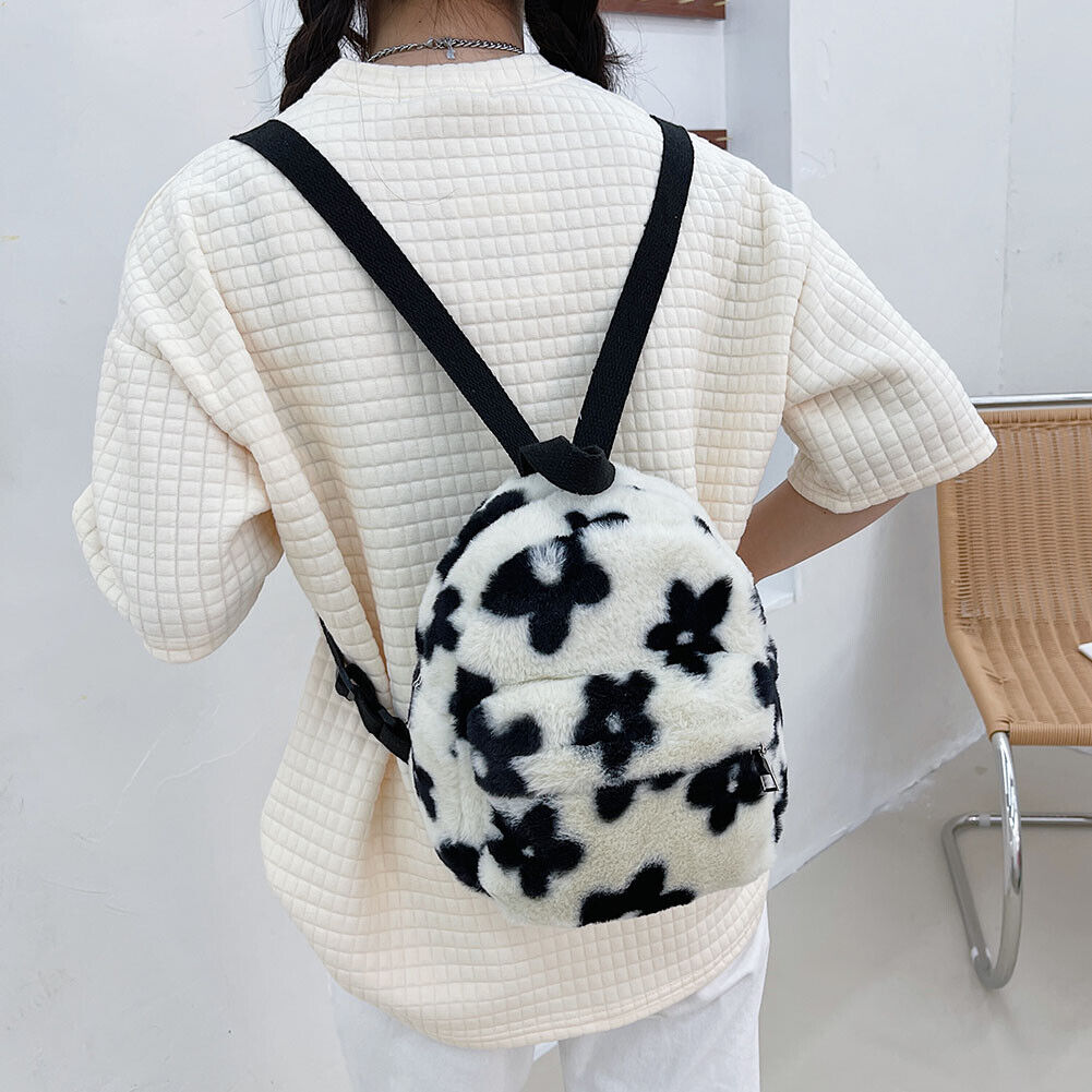 Preppy Style Women Flowers Printing Plush Backpack Casual Small Knapsack
