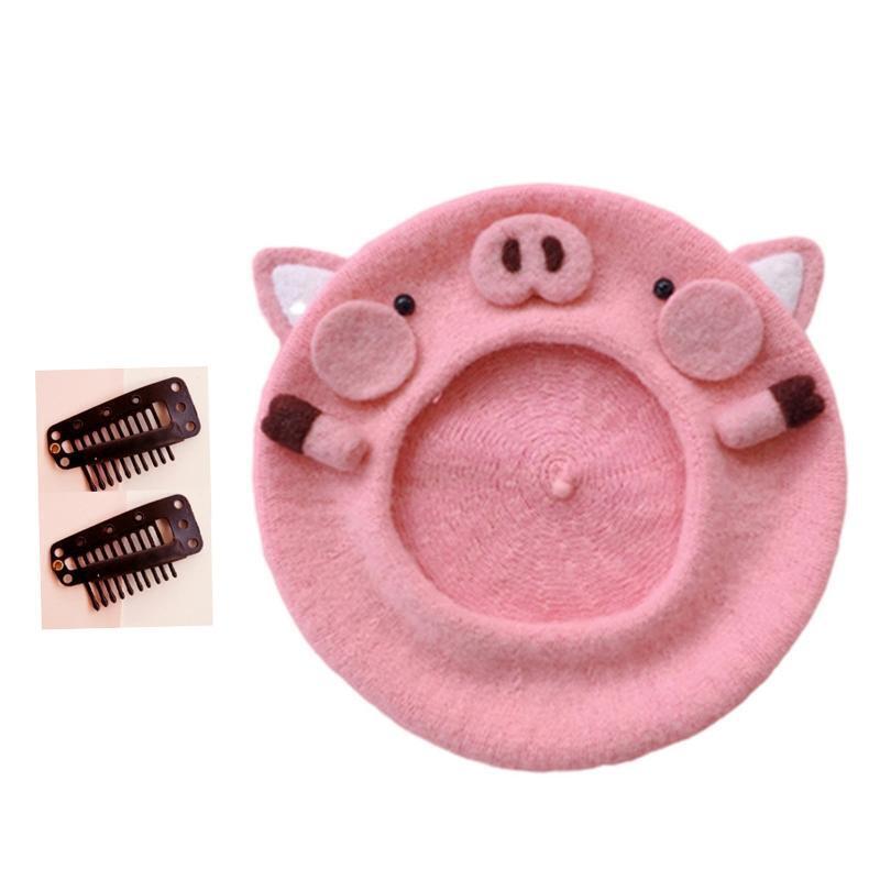 Lovely Pink Piggy Beret Octagonal Hat Wool Beret All-match for Valentine's Day